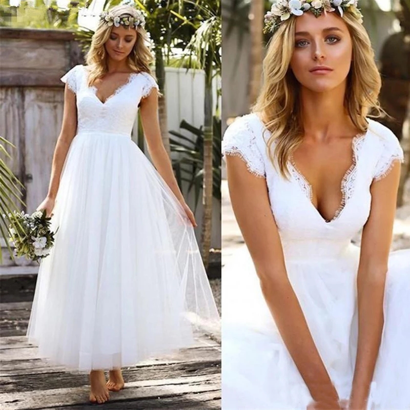 

Elegant Tulle Short Wedding Dress Deep V-Neck A-Line Cap Straps Bridal Gowns Ankle Length Robe De Mairee 2022 Custom Made, Customize