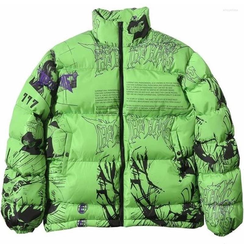 

Men's Down Hip Hop Graffiti Cartoon Anime Print Parkas Mens Streetwear Harajuku Winter Thickend Warm Zipper Padded Jacket Coats Unisex, Black