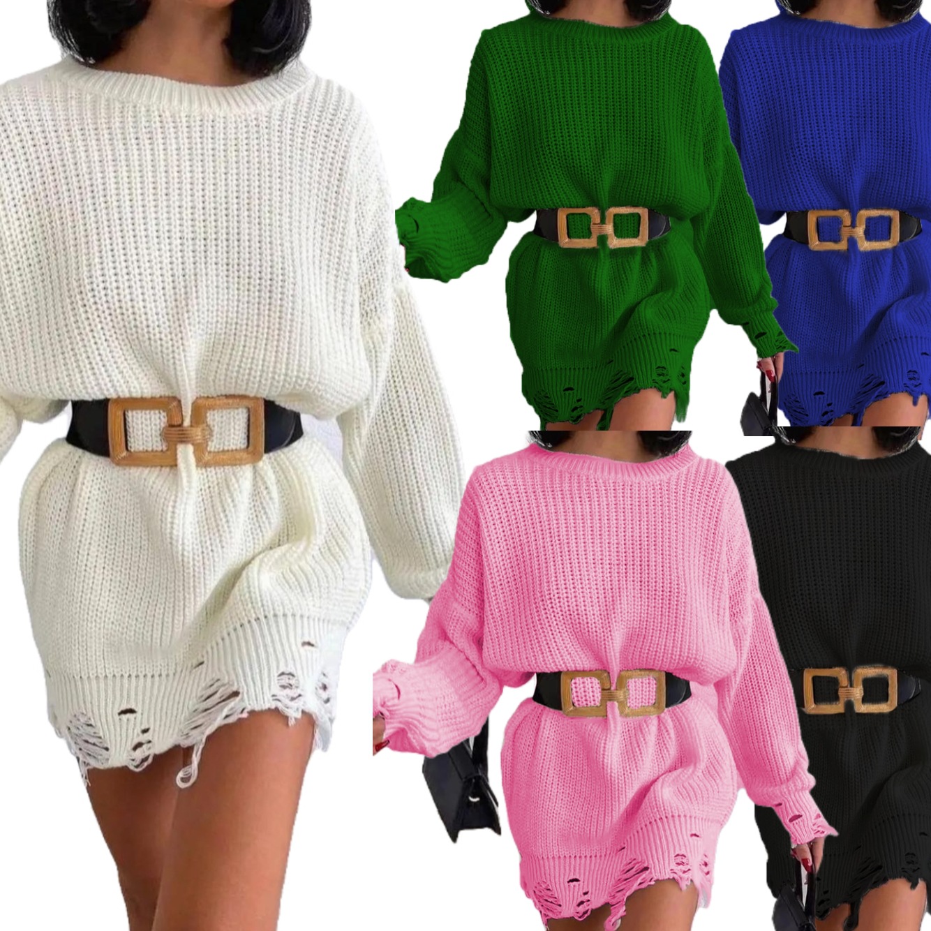 

Long Sleeve Mini Sweater Dress Green Women Loose Autumn Clothing Oversize Knitted Short Winter