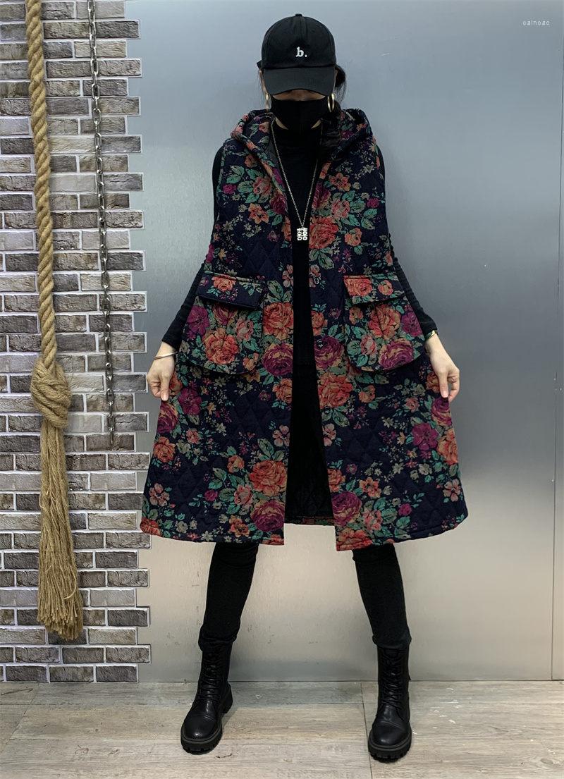 

Women's Vests Vintage Cotton Linen Printing Jacket Winter Waistcoat Hooded Sleeveless Women Loose Single Breasted Vest Quilted Coat Parka, Floral 3