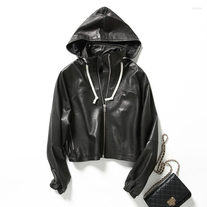 

Women' Leather Exquisite JIN Mouth Sheep Hooded Design Of Fund Outfit Zipper Stitching Female Coat, Black