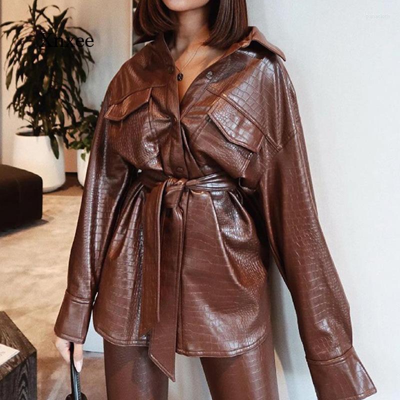 

Women' Leather Pu Jacket Coat Women Burgundy Biker Jackets Turn Down Collar Sashes Tie Belt Waist Pockets Buttons Ladies Clothing, Auburn