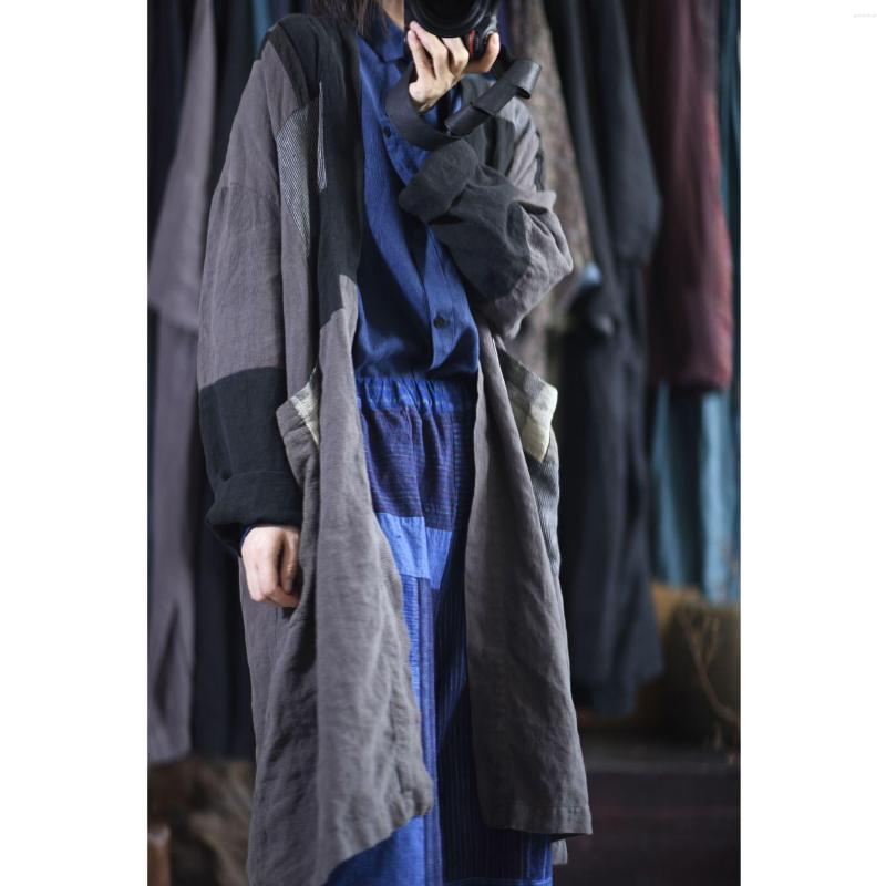 

Women's Trench Coats Women Loose Vintage Linen Coat Outerwear Ladies Retro Autumn Long Female Flax 2022, Gray