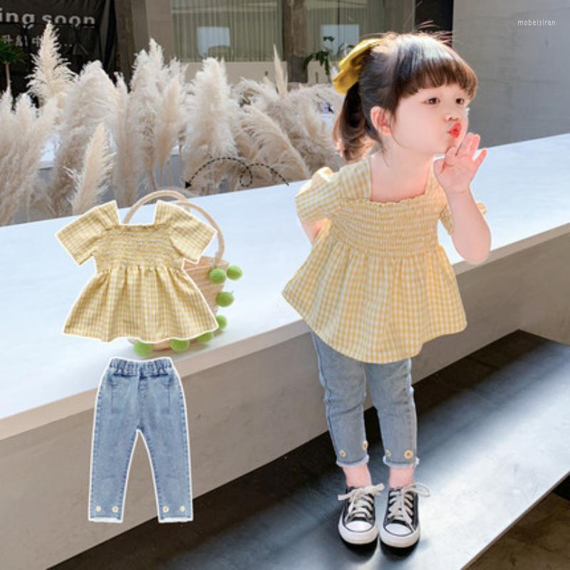 

Clothing Sets 2022 Summer 2 3 4 5 6 7 Years Children Outfits Short Sleeves Plaid Blouse Top Jeans Pcs Suits Baby Kids Girl, Yellow