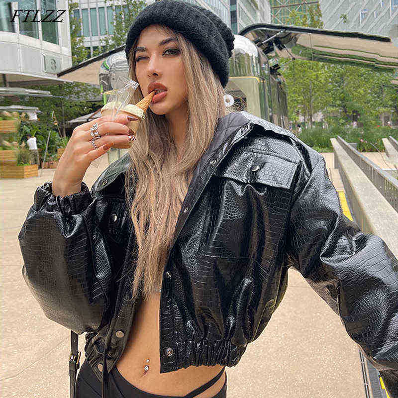 

Ftlzz Spring Autumn Pu Patent Leather Short Jacket Women Moto Bike Faux Leather Jacket Streetwear Warm Cotton Outfit Chic Female J220727, Brown.