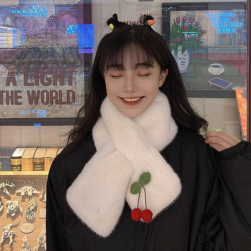 

Scarves Student Cute Cherry Fur Collar Woman Winter Imitation Plush Scarf Thickened Warm Cross Easy To Wear Accessories R18