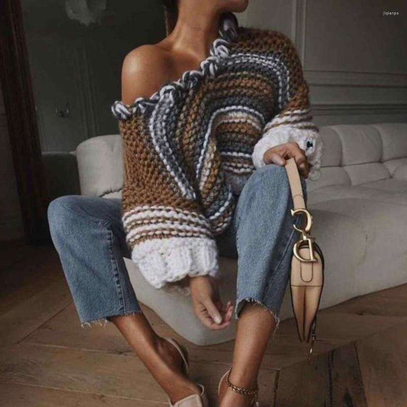 

Women' Sweaters Autumn And Winter Women' Cardigan Sweater Multicolor Hand Knitted Tops Thick Stripe Splice, Dark brown