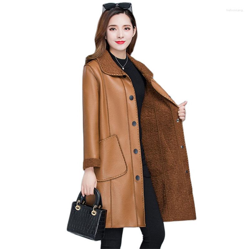 

Women's Leather Women Windbreaker Coat Add Velvet Thick PU Jacket Large Size Long Warm Faux Fur Winter Female Outwear 5XL, Black