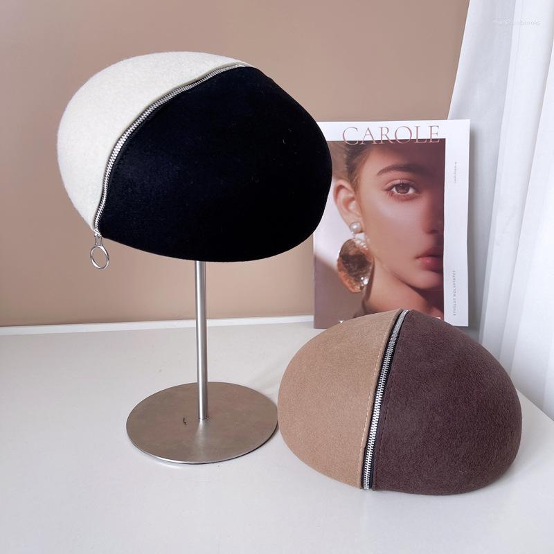 

Berets Classical Winter Wool Cap Warm Beanie Hat Two Color Patchwork French Elegant Beret Fedora Fascinator Hats, Style 1