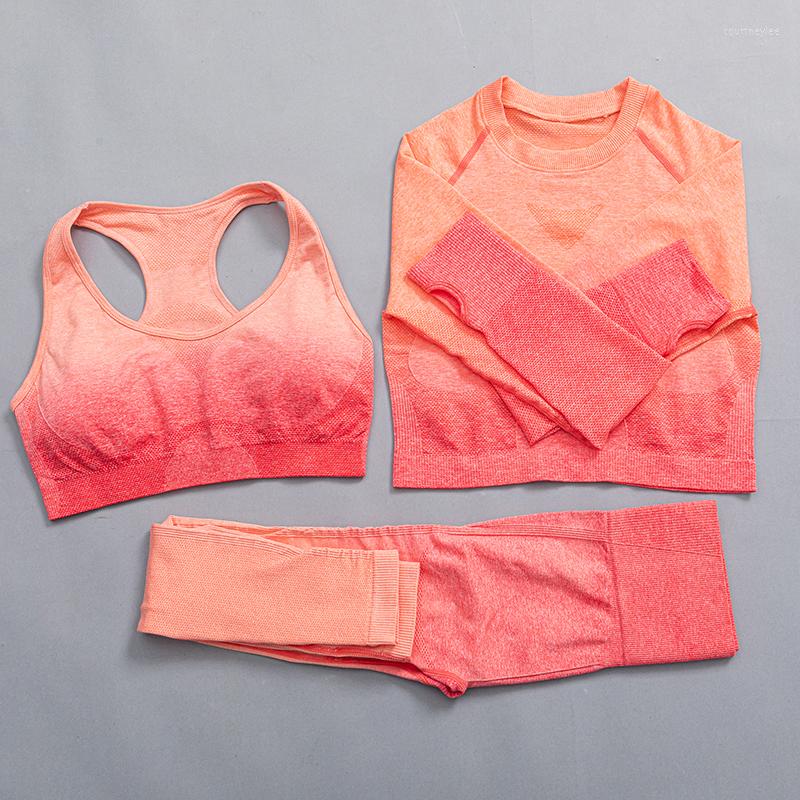 

Active Sets Ombre Women Yoga Set Seamless Fitness Workout Sports Suit High Waist Leggings Long Sleeve Crop Top Bra Pants Gym Clothing, 3pcspink2