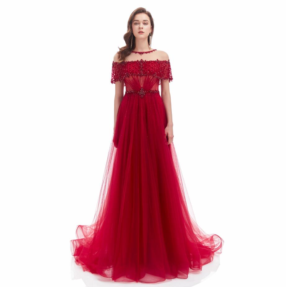 

Fairy Tulle Princess Prom Dresses Sheer O-neck Beaded Tassel Boning Top Celebrity Evening Gown vestidos elegantes para mujer, Light purple