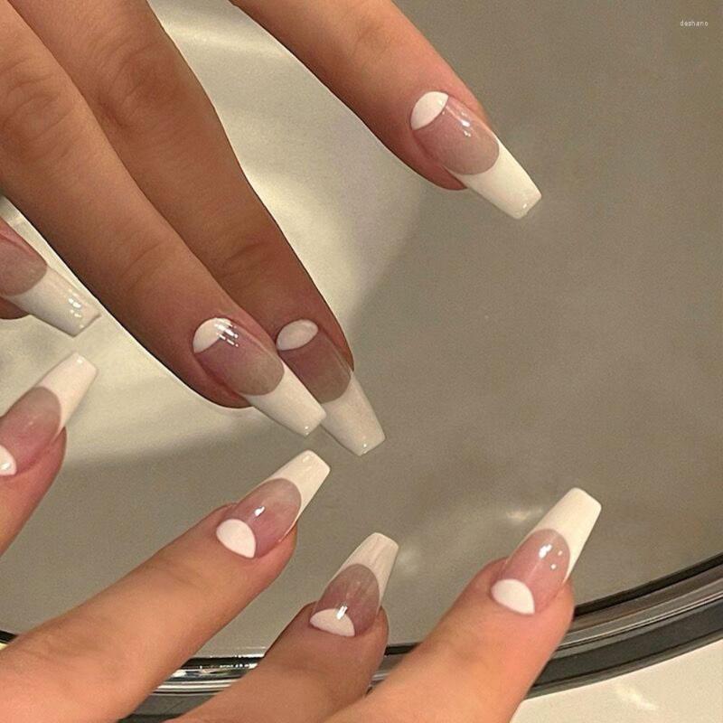 

False Nails White French Long Coffin Oval Decoration Wearable Ballerina Fake Full Cover Women Fashion Nail Tips