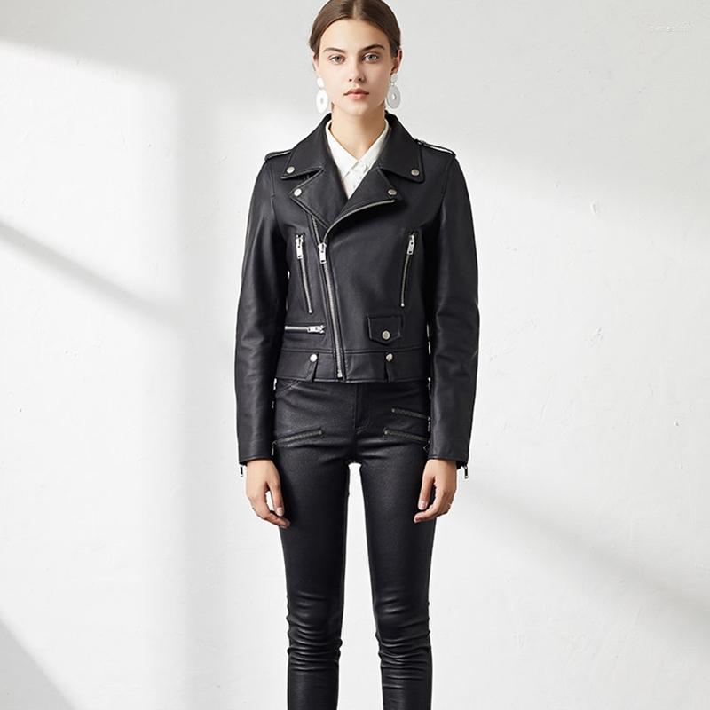 

Women' Leather Natural Women Lambskin Bomber Biker Jacket Long Sleeves Sheepskin Coat H711, Black