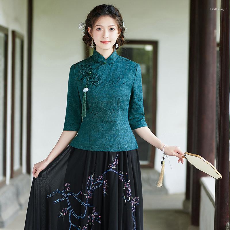 

Ethnic Clothing Sheng Coco Traditional Chinese Women Navy Green Style Suit Improved Cheongsam Tops Slim Oriental