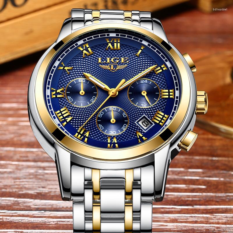 

Wristwatches LIGE Men's Sports Business Belt Waterproof Multi Functional Wristwatch, Gold