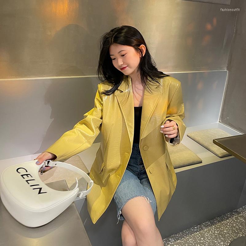 

Women' Leather Korean Women' Faux Jacket 2023 Spring Loose Shoulder Yellow Crocodile Oversized Coats