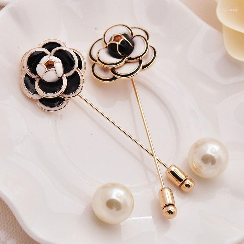 

Brooches Camellia Pin Brooch Black White Flower Rose Pearl Female Accessories
