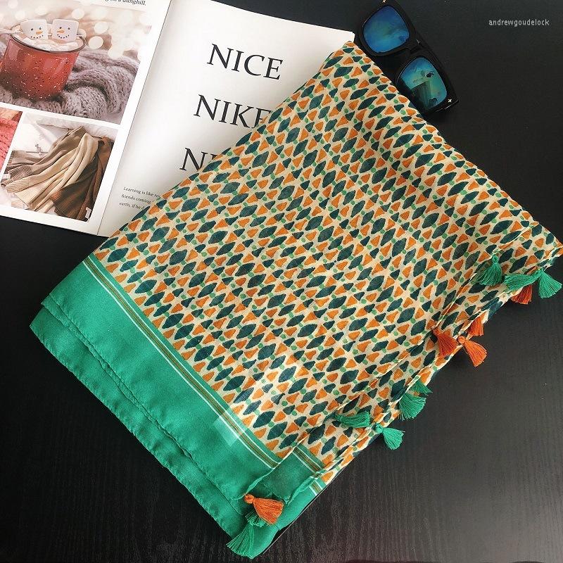 

Scarves Girls Triangle Printed Scarf Tassel Female Soft Summer Beach Cape Shawl Wrap Diamond Long Women Geometric Print