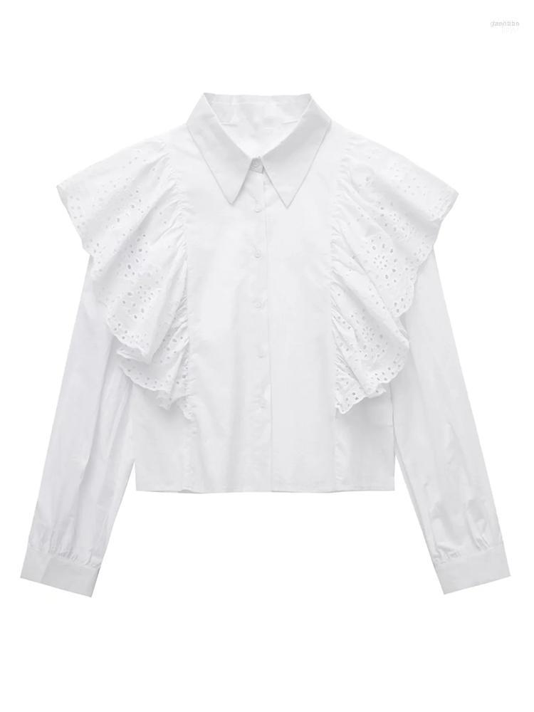 

Women's Blouses Women's & Shirts Xikom Women Hollow Embroidered 2022 Fashion Office Chic Ladies Ruffle Long Sleeve Single Breasted, White