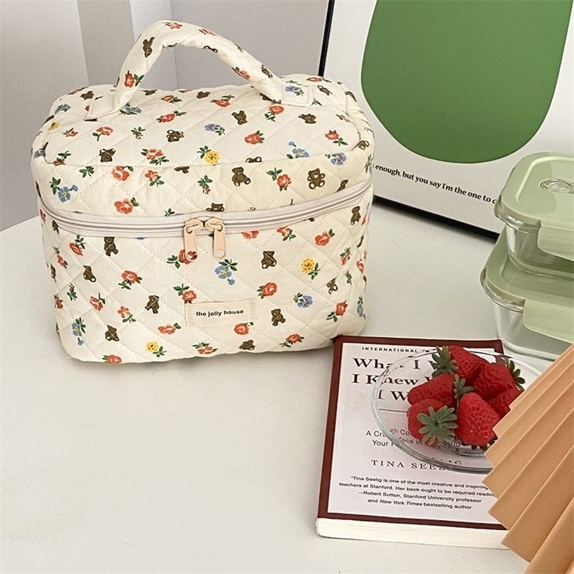 

Cosmetic Bags Cases Liberty Quilting Cotton Makeup Bag Women Zipper Organizer Large Cloth Box Cute Make Up Purse Portable Toiletry Case 221114, Beige