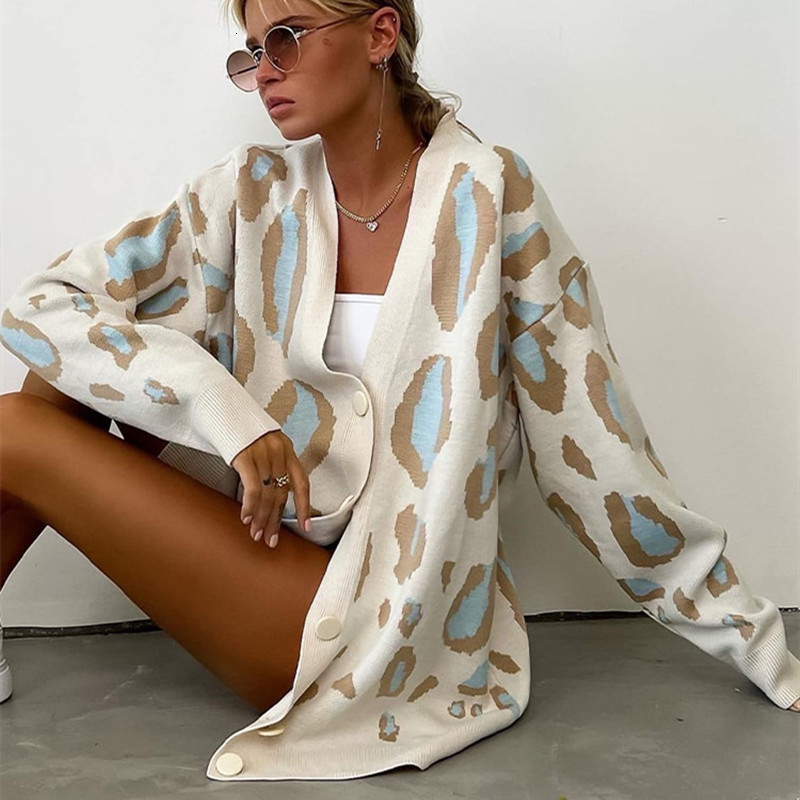 

Women's Knits Tees Women Spotted Single Breasted Sweater Cardigan Ladies Winter Loose Long Sleeve V Neck Leopard Knitted Coat Casual Sweaters Top 221111, Black