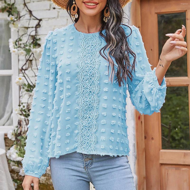

Women's Blouses Elegant Shirt Blouse Womens Casual Crew Neck Shirts Tops Long Sleeve Streetwear Plain Lace Ropa Mujer, White
