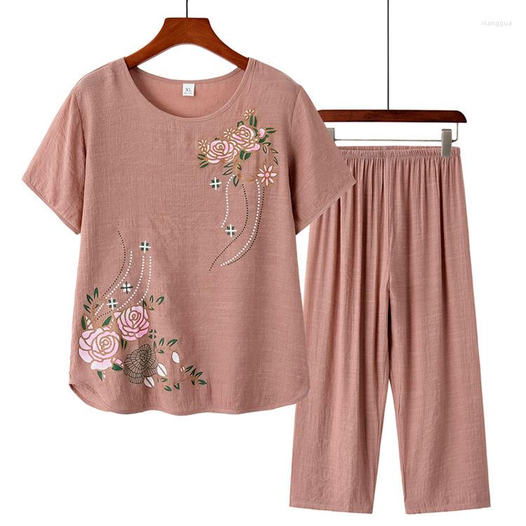 

Ethnic Clothing Cotton And Imitation Summer Chinese Style Short Sleeve T-shirt Capris Two Piece Women's Suit