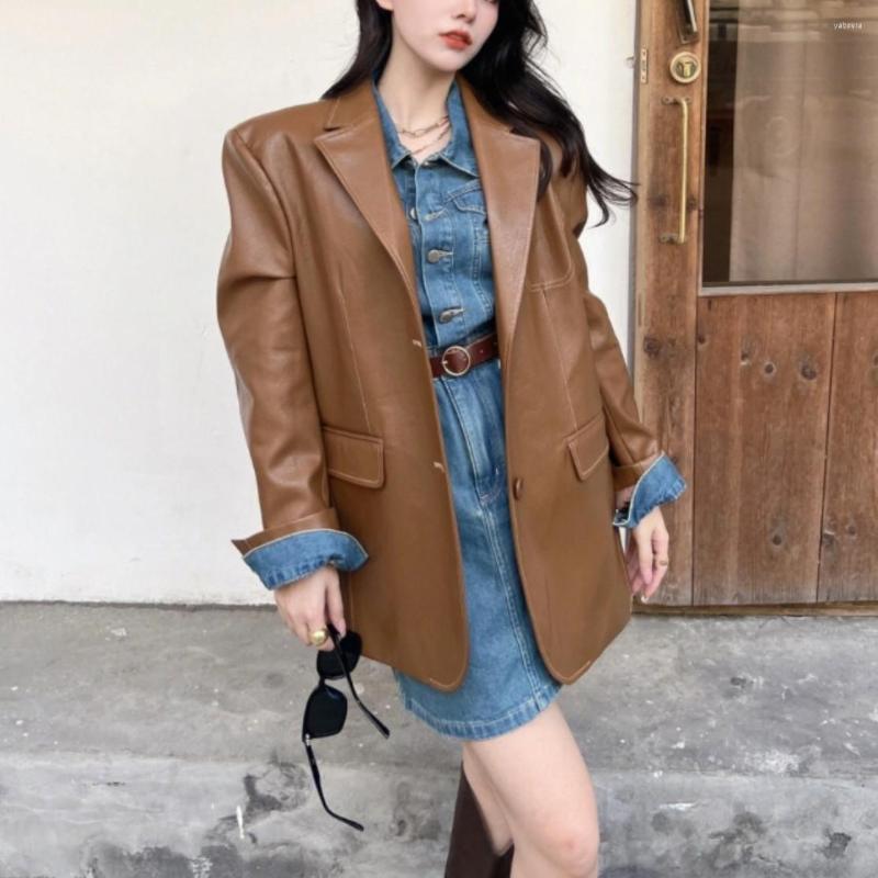 

Women' Leather Brown Design Niche Jacket Female Retro Loose Suit In Autumn Winter 2022 Hong Kong