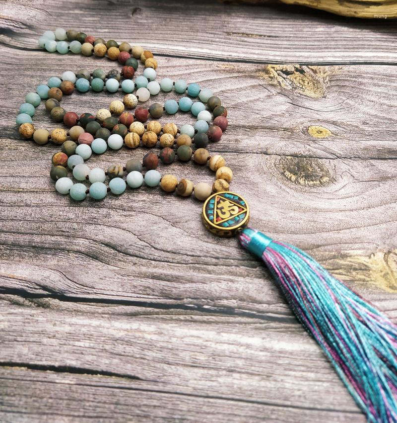 

Pendant Necklaces YA4094 Buddhism Tassel Natural Amazonites Picasso Jaspers Picture MaBeads Knotted Handmade 108 Prayer Beads Necklace