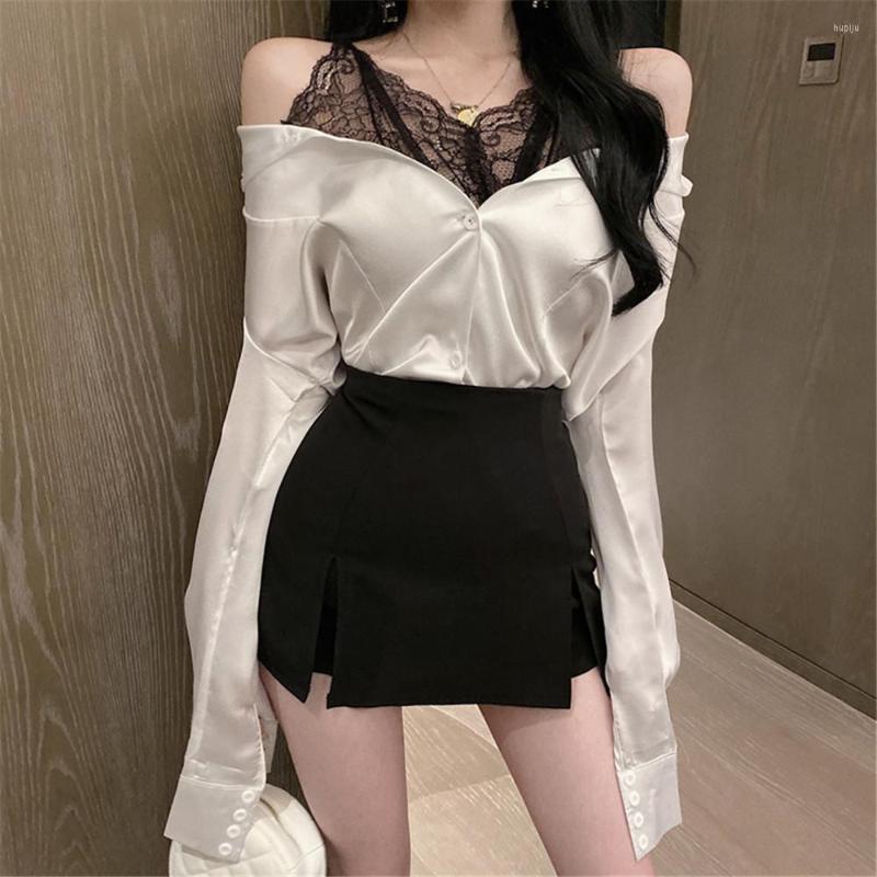 

Women' Blouses Chemise Femme Sexy Autumn Blusas Camisas De Mujer Lace Patchwork Full Fake Two Pieces Tops Strapless Off Shoulder Slim Top, White blouse