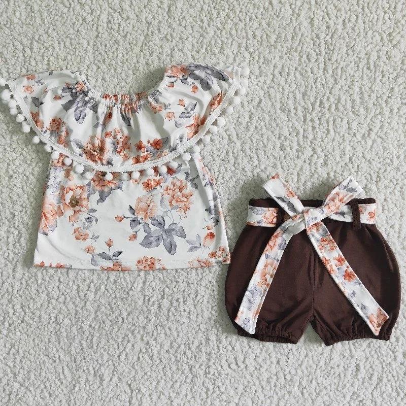 

Clothing Sets Baby Girl Flower Children Summer Boat Neck Top Wholesale Toddler Brown Waist Belt Shorts Kids Outfit Fashion Set, Gsso0034