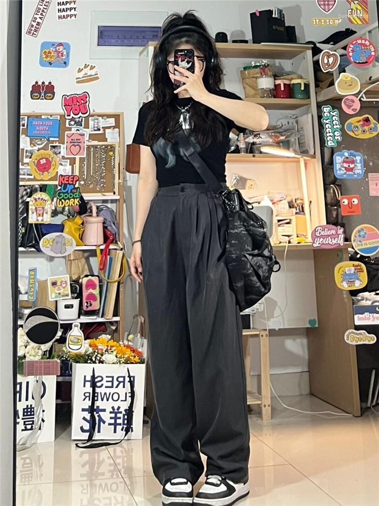 

Women' Pants Gray Straight Suit Women' Summer Thin Style High-grade Design Feeling Floor Loose High Waist Wide Leg, Grey regular