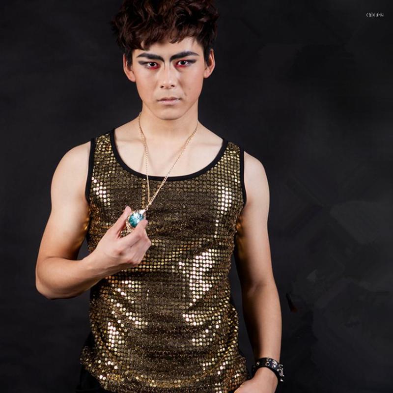 

Men' Tank Tops Fashion Male Singer Stretch Sequined Vest Costumes Party Show Stage Dance Wear Bar Nightclub DJ Performance Equipment, Black