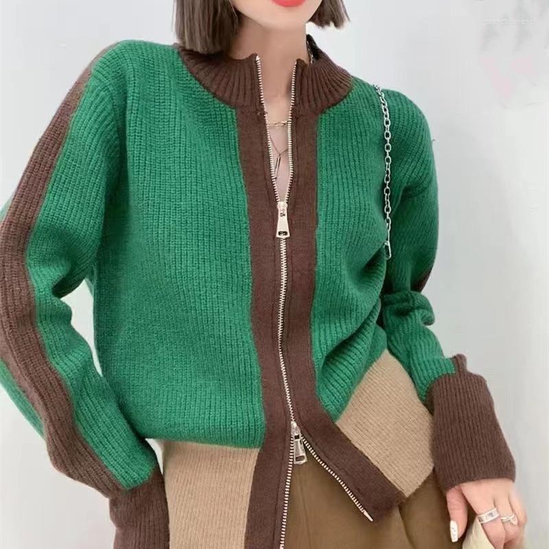 

Women's Knits WAKUTA Women Trendy Cardigan Contrast Color Knitwear Tops Autumn Winter 2022 Casual Vintage Zipper Loose Long Sleeve Sweaters, Green