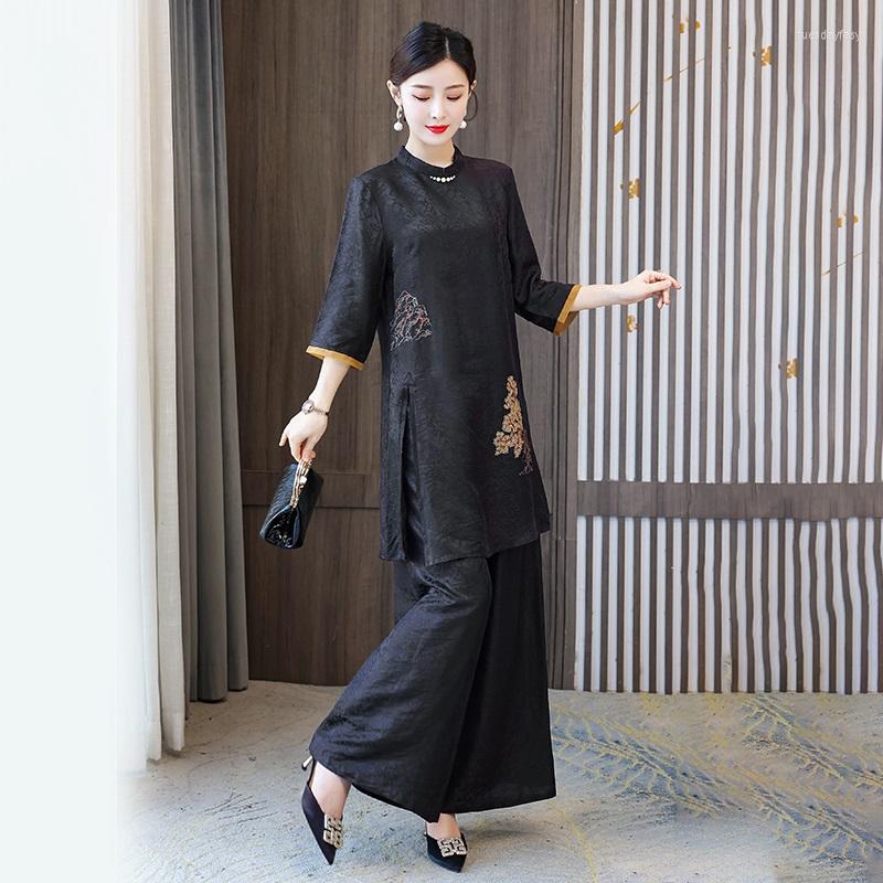 

Ethnic Clothing Vintage Women Tops Wide Leg Pants Suit Tang Chinese Style Black 2 Piece Set Spring 2022 13002