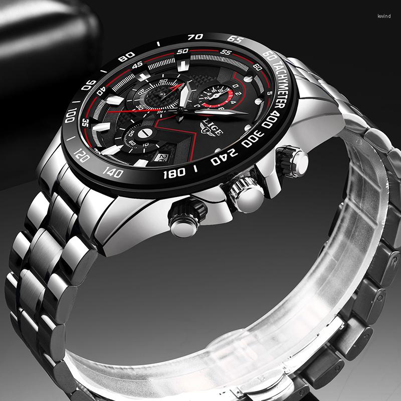 

Wristwatches 2022 Watches Men LIGE Chronograph Sports Waterproof Full Steel Quartz Men's Watch Relogio Masculino, Silver black