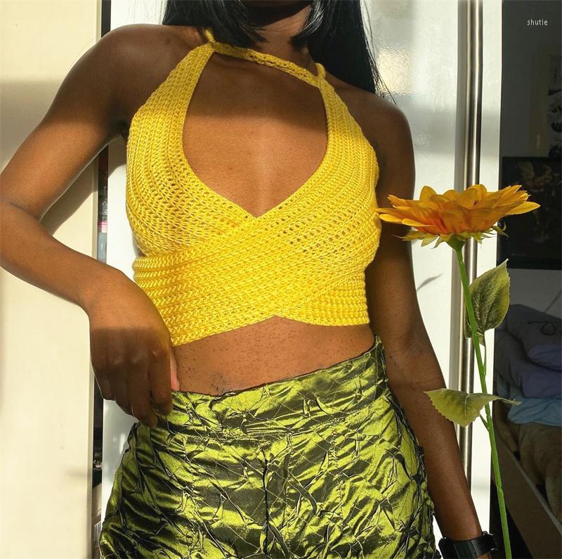 

Women's Tanks Musuos Knitted Crop Tops Women Sleeveless Cross Wrapped Vest Solid Color Halter Lace-up Open Back Camisoles Sexy Y2K, Yellow