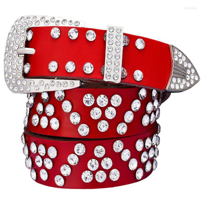 

Belts 2022 Design Genuine Leather Pin Buckle Belt Inlaid With Rhinestone Triangle Water Drill Accessorized Jeans Gift Party, Red