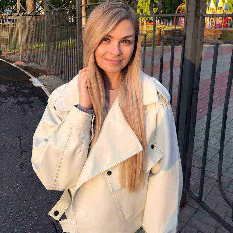 

Ftlzz Newcomers Women Faux Leather Jacket Pu Motorcycle Biker Beige Leather Jacket Fashion Collar Loose Streetwear J220727, Khaki.