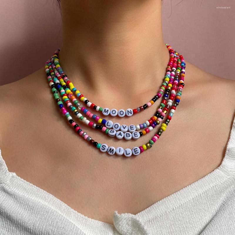 

Choker Boho Multicolor Letter Beaded Necklace For Women Colorful Acrylic Glass Beads Lucky Kiss Collar Handmade Jewelry 2022