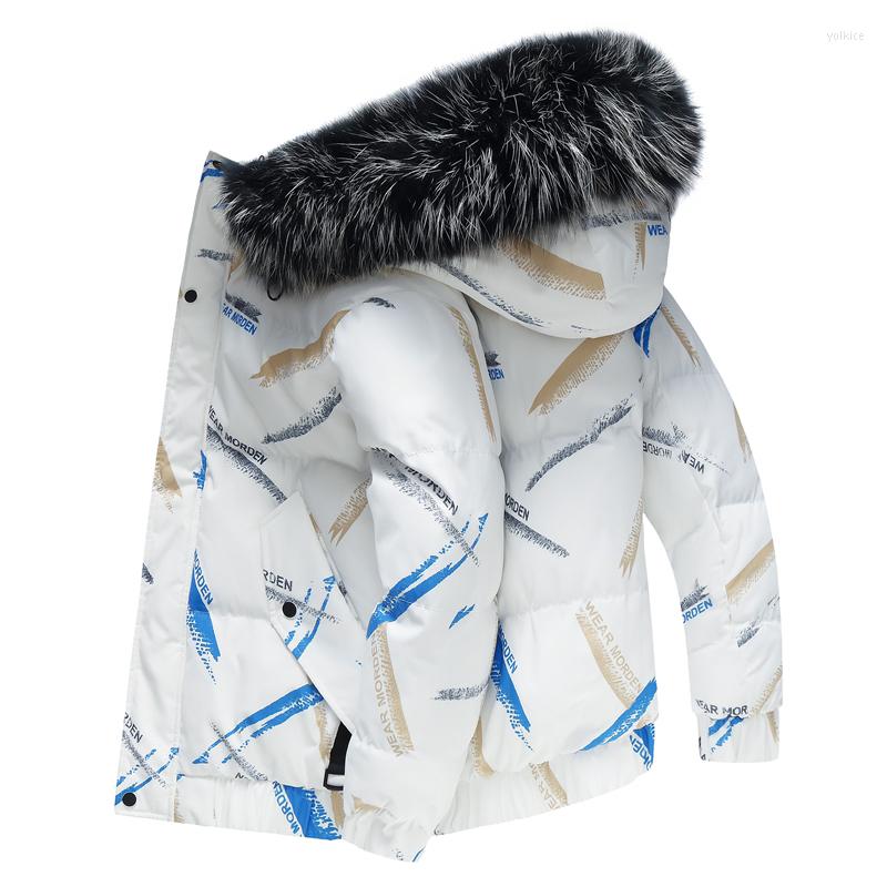 

Men's Down 2022 Winter Cotton-Padded Coat With Hat Fur Collar Fashion Printing Loose Short Travel Warm Coats Waterproof, Beige