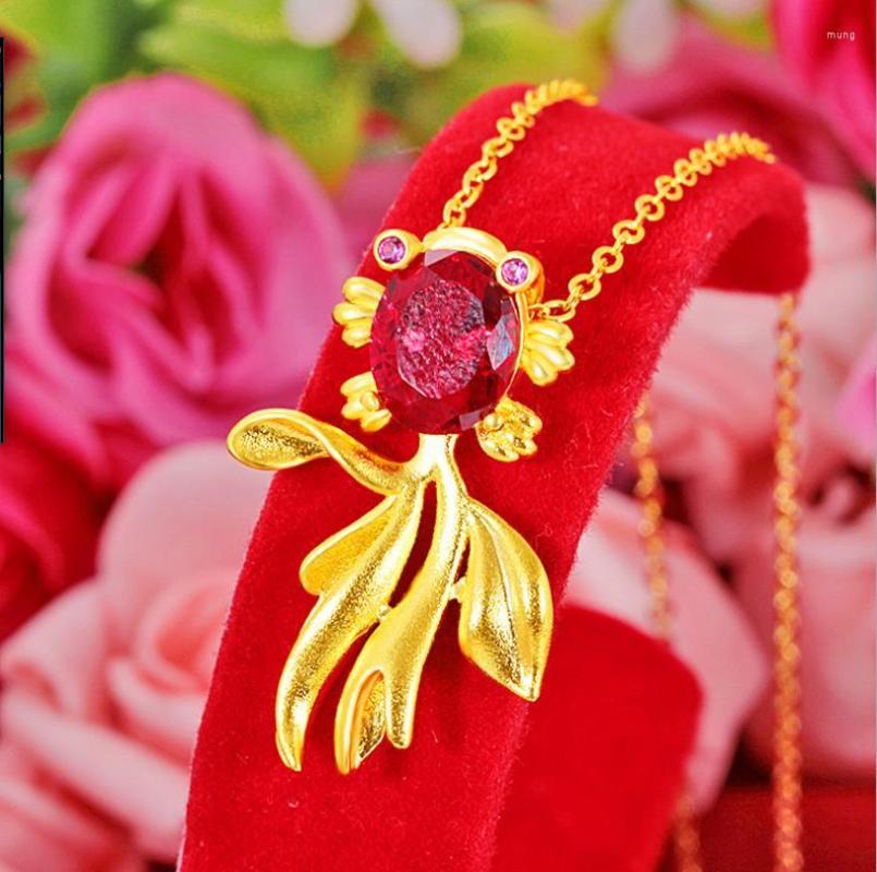 

Pendant Necklaces Hi Sweater Chain Wedding Women 24K Yellow Red Stone Fish Necklace For Female Party Jewelry With Birthday Gift