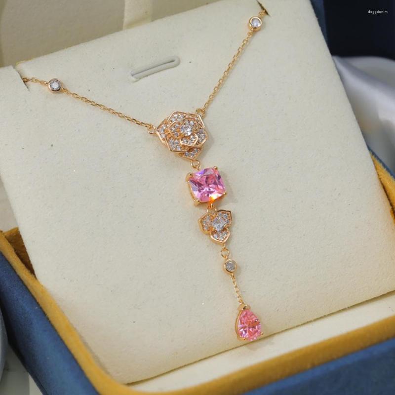 

Pendant Necklaces Ladies High Quality Original Pink Crystal Necklace Elegant Fashion High-end Rose Luxury Clavicle Chain