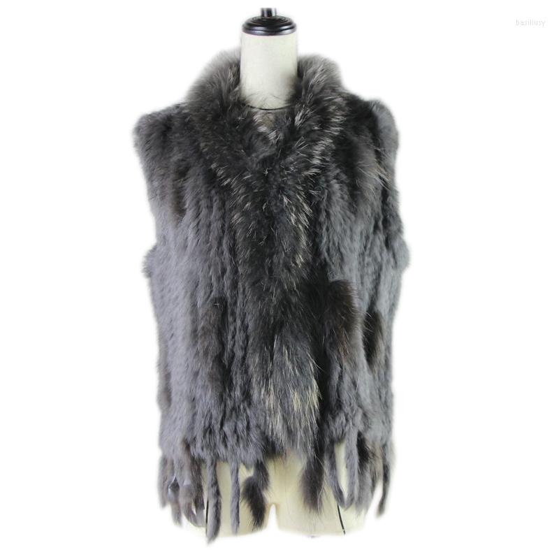 

Women's Fur Spring Autum Women's Natural Real Vest With Raccoon Collar Knit Waistcoat/jackets Rex Short Big Size, Black
