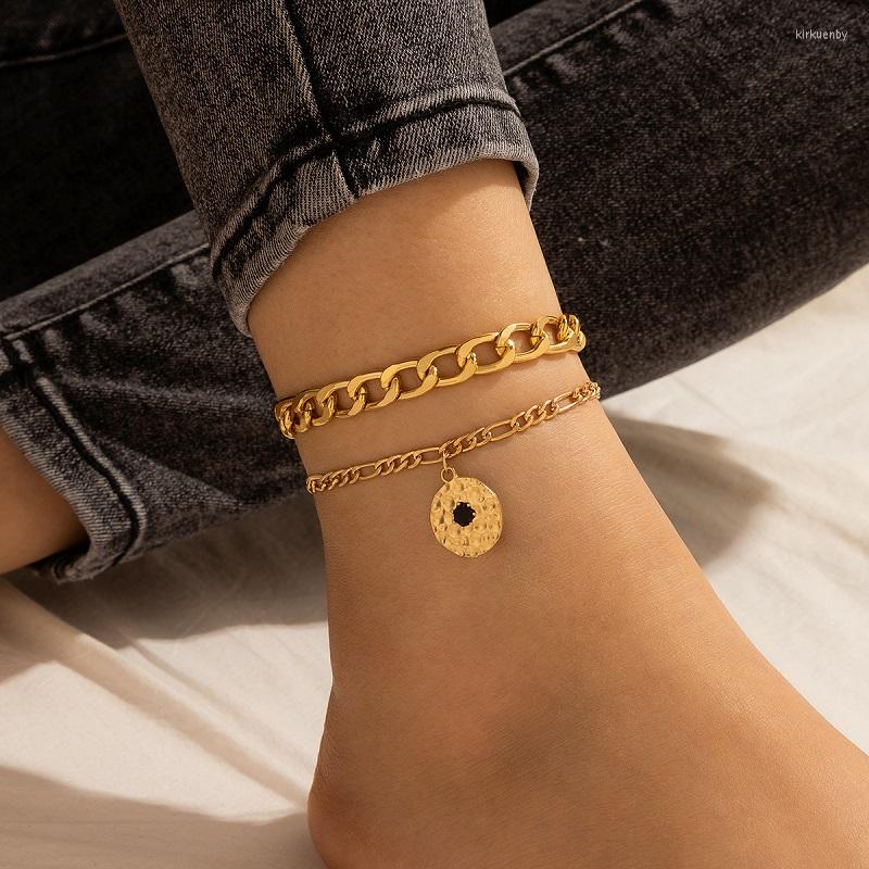

Anklets Punk Black Drop Round Card Double Foot Chain Fashion Heavy Metal Women's Personality Geometric