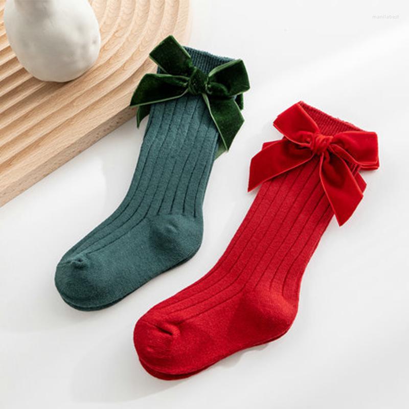 

Women Socks Winter Girls Knee High Big Bows Princess For Girl Infant Baby Cotton Sock Long Children Christmas 0-5Years, Green