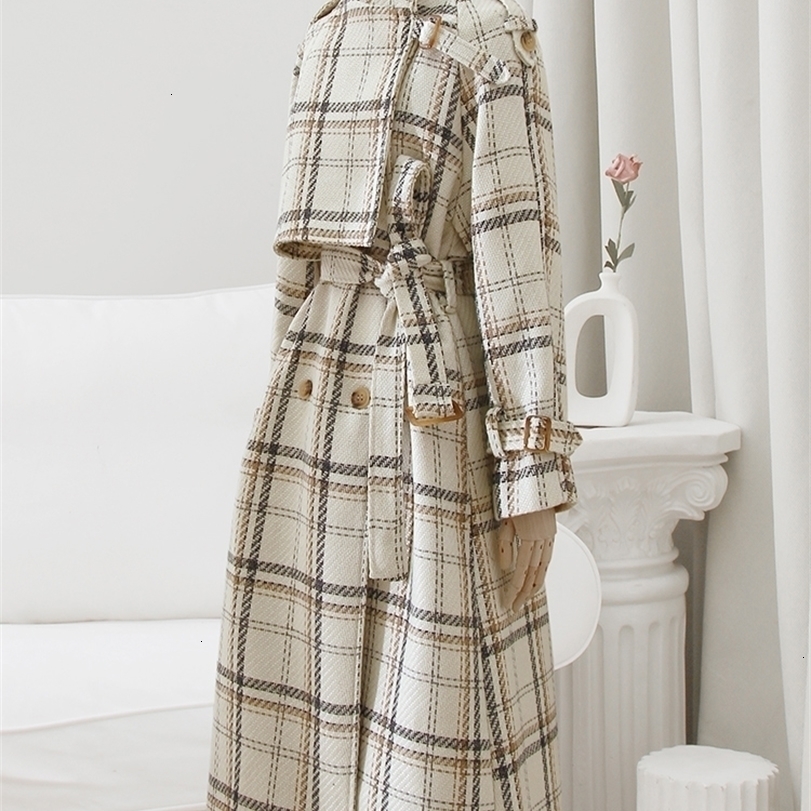 

Womens Wool Blends Lautaro Autumn Winter Long Loose Warm Plaid Trench Coat for Women Raglan Sleeve Belt Double Breasted en Overcoat 221113, White