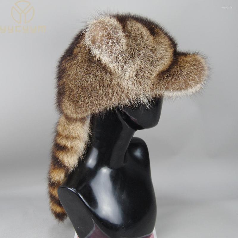 

Berets Women Natural Raccoon Fur Caps Ushanka Hat For Winter Thick Warm Ear Fashion Baseball Pom Lady Real Cap