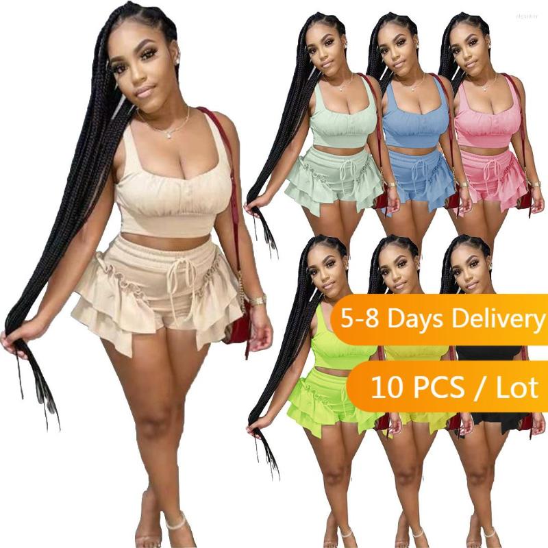 

Women' Tracksuits Wholesale Items Bodycon Shorts Sets Women Summer Clothing Ruffles And Tank Crop Top Set Skinny Two Piece Vacation Outfits, Beige