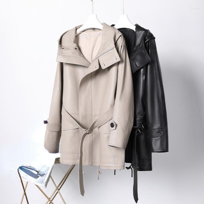 

Women' Leather Genuine Jacket Women Mid-length Hooded Sheepskin Coat Autumn Winter Trench Jackets For Clothing Abrigo Mujer, Black